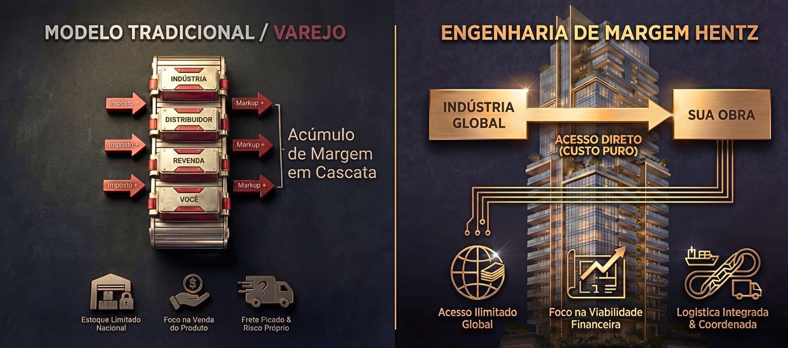 Infográfico comparando o alto custo do Varejo Tradicional com impostos em cascata versus a Engenharia de Margem Hentz com acesso direto à indústria global e redução de custos para construtoras.