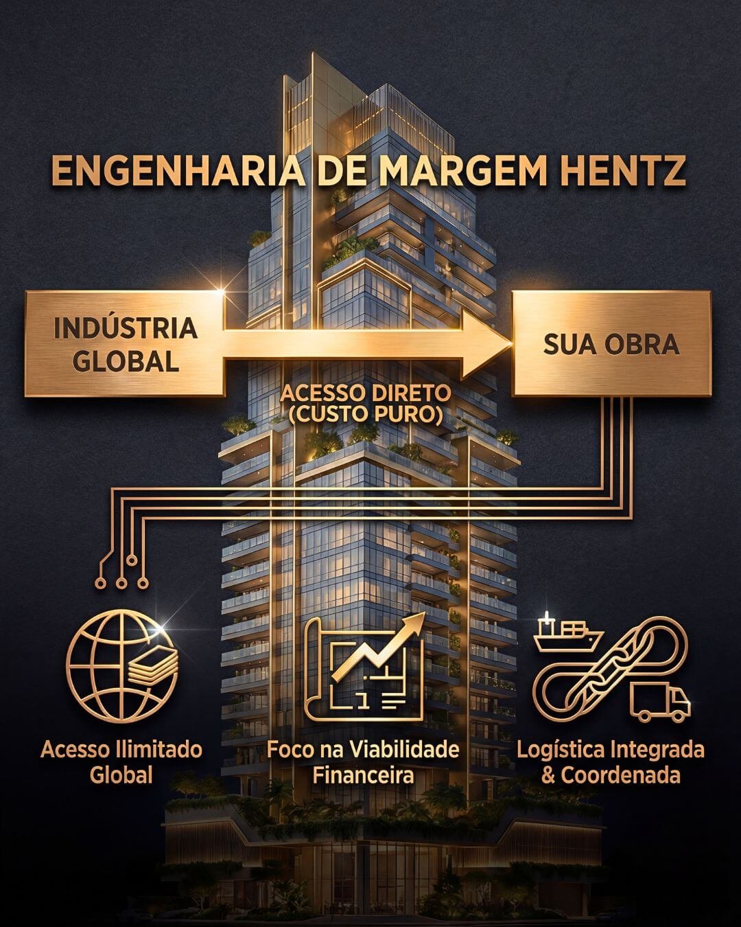 Gráfico da metodologia Hentz Global de Engenharia de Margem, demonstrando a conexão direta entre a Indústria Global e a Obra (Custo Puro), eliminando atravessadores e otimizando a viabilidade financeira de empreendimentos.