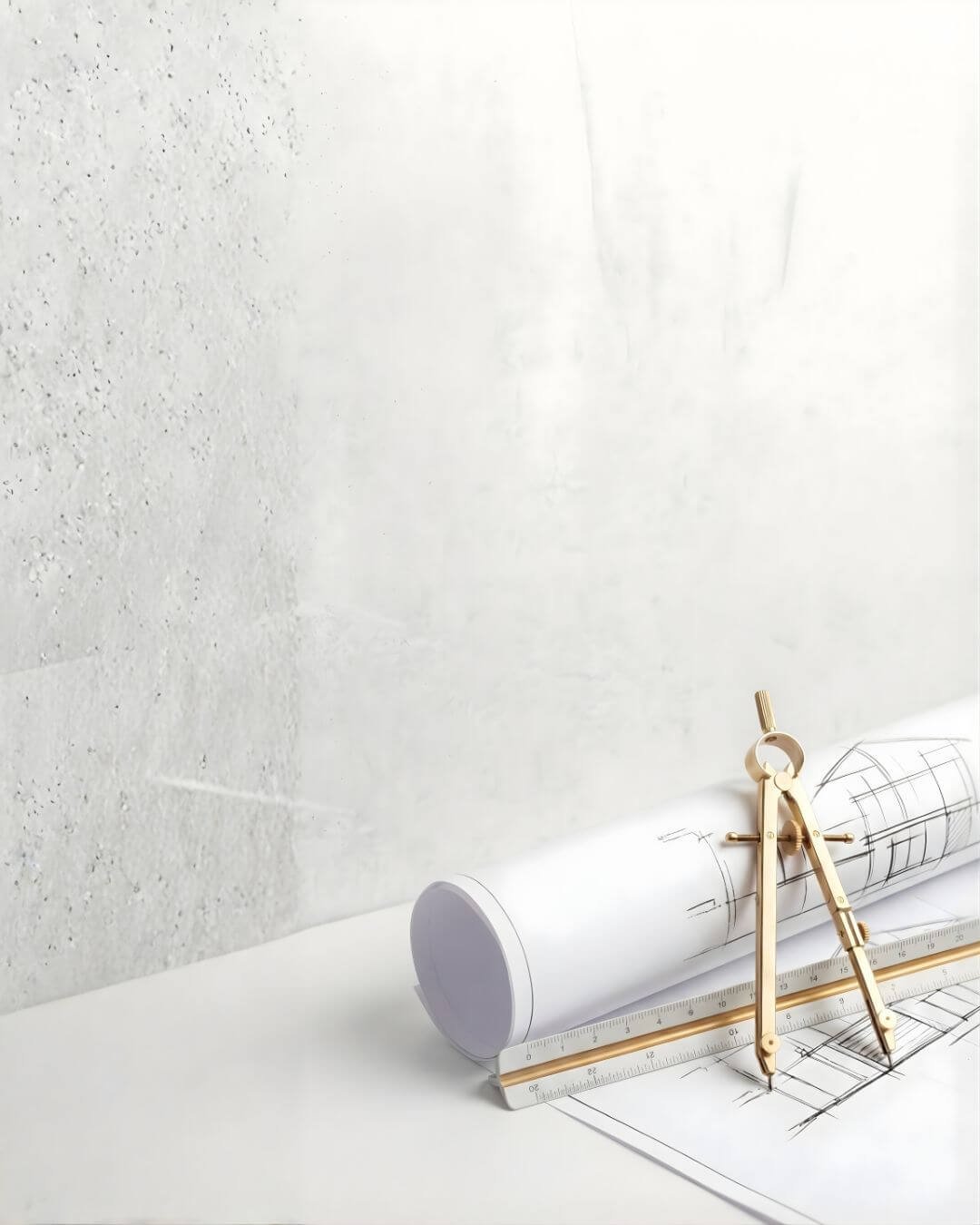 Ferramentas de medição e projeto arquitetônico representando o rigor técnico e a fidelidade de especificação da Hentz Global.